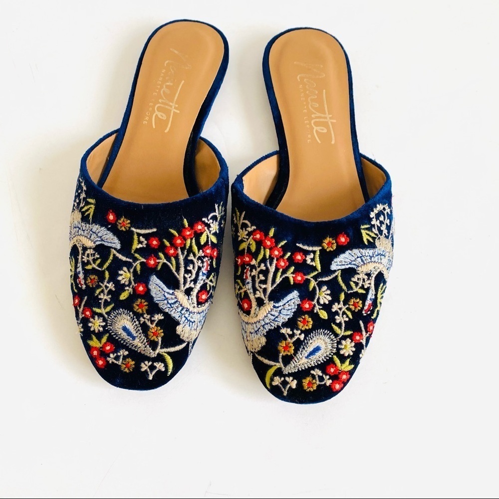 Nanette Lepore Navy Embroidered Velvet Slip-On Mules with Red Accents